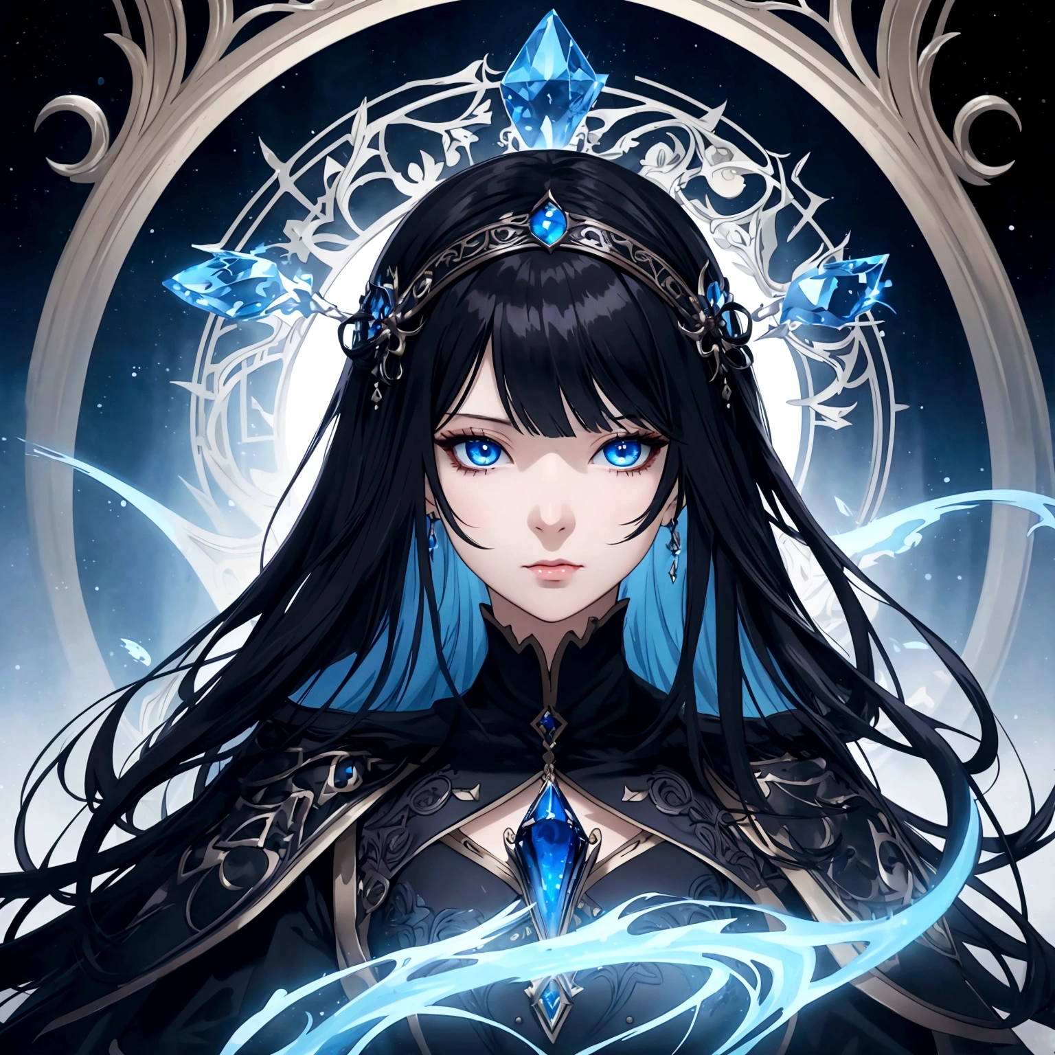 masterpiece, best quality, 1woman adult, female focus, solo, black hair, vibrant blue eyes, long hair, looking at viewer, closed mouth, bangs, Fantasy aesthetics, Highly detailed, shadowverse style, black attire, sorceress