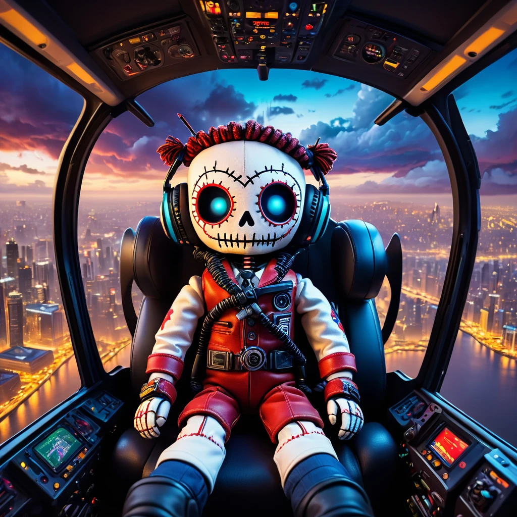 (knitted toy voodoo doll:1.5), (Voodoo in Helicopter:1.3), (Clothing: pilot attire:1.0), (Accessories: enchanted headset, glowing control panel:1.1), (background: scenic aerial view with floating clouds, glowing cityscape, and dynamic skies:1.2), best quality, masterpiece, detailed soft oil painting, detailed background, dramatic cinematic lighting, soft edge lighting, professional, dramatic lighting, hard edge lighting, ultra quality, 4k,masterpiece, best quality, 8k, ultra highres, highres, extremely detailed