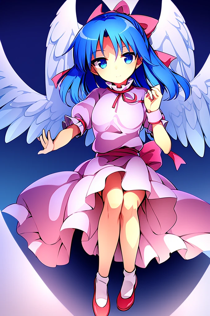 masterpiece, best quality, 1girl, , , 10 years old, medium blue hair, hair flaps, pink ribbon on head, well-formed face, blue eyes, angel girl, white blouse, puffy short sleeves, red ribbon, angel wings, long white skirt, red shoes, frills, ribbon head