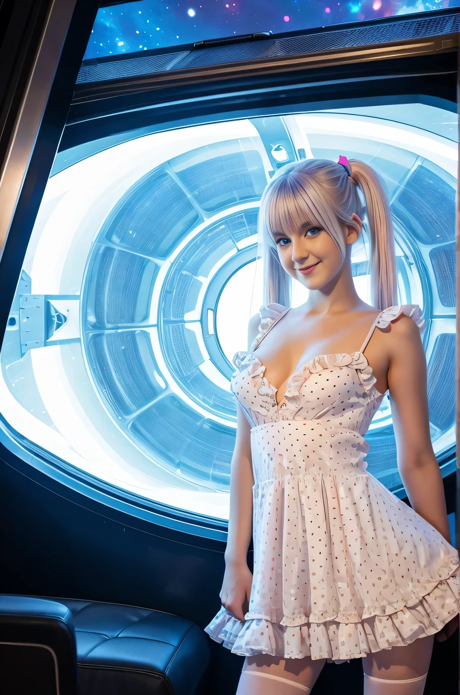 various cute 19-year-old neon haired women, natural posture, pale white skin, happy, smiling, in twin tails, perfect blue eyes, pale goth skin, silky smooth skin, flying a fancy metal luxurious space ship, futuristic spaceship, outer space seen in windows, dark warm lighting, they are wearing various low-cut futuristic dresses, each a different low cut dress, pleated (chemise) mini dress (pastel rainbow colors, and polka dots), puffy sleeves low cut top, cleavage showing, silk, ((frilly pantyhose under dress)), tights, cute short cut booties, boots.
