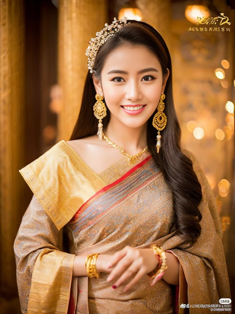 subject: Capture the essence of your beauty concept.: A high-resolution realistic portrait of a young woman that captures the elegance and charm of Tai Khun culture..

Detail Pictures:

intermediary: A girl with charming dimples, Her smile lights up her face..
clothing: The beautiful traditional Keng Dong Tai Khun costume., Meticulously displayed in every detail.. lively fabric, INTRICATE EMBROIDERY, and shiny gold bracelets, necklace, And earrings add a layer of elegance..
Hair style: Beautiful messy bread decorated with freshness., Locally sourced flowers, Secured with delicate gold pins..
decorations: Emphasizing the cultural significance of each piece – elegant earrings are a symbol of prosperity., layered necklace representing family ties, and intricately patterned bracelets that showcase artistic heritage..
stance: Be confident and poised, Stand full-length against the backdrop of the ancient Bagan temples..
background: The beautiful Bagan temples are bathed in the soft hues of dawn or dusk., It captures the spiritual and historical essence of Burma..
Technical specifications:

resolution: 4K (or higher) for excellent clarity and detail.
light: soft and natural, เน้นย้ำถึงคุณลักษณะของผู้หญิงและพื้นผิวที่ซับซ้อนของclothing.
depth of field: ระยะชัดลึกที่ตื้นเพื่อดึงโฟกัสไปที่ผู้หญิงและเบลอbackground, Create intimacy and grandeur.
Additional Notes:

ลองผสมผสานความไม่สมบูรณ์เล็กๆ น้อยๆ เข้ากับclothingและdecorationsเพื่อเพิ่มความสมจริงและความถูกต้องทางประวัติศาสตร์.
Make sure that the face is consistent with the Tai Khun ethnic features while still maintaining an overall sense of beauty and individuality..
Capture the subtle emotional nuances of a woman&#39;s smile., It conveys a sense of pride and cultural connection..
Overall vision: Create stunning and culturally sensitive portraits that celebrate the rich heritage and mesmerizing beauty of Tai Khun women..