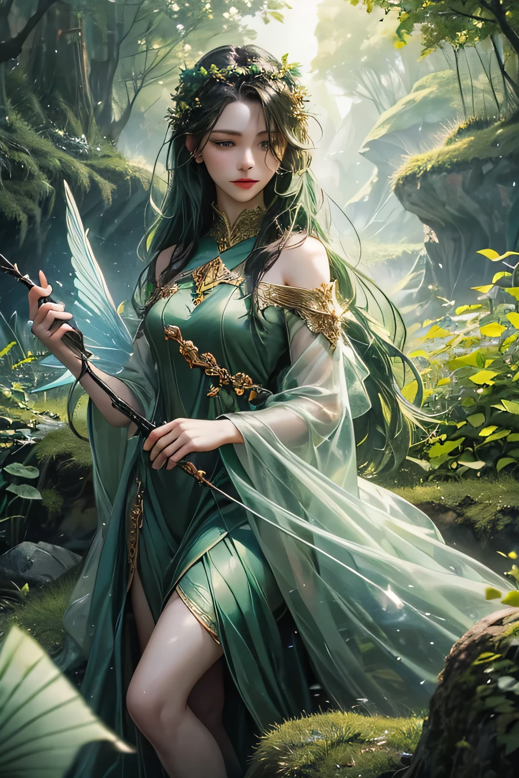 "Create an ultra-realistic image of a beautiful holding a magical staff that radiates the essence of nature. She should be dressed in a refined, dark green shaded outfit that reflects her deep connection to the natural world. Surround her with elements of nature, such as vibrant plants, blooming flowers, and serene forest scenery, showcasing her command over this element. Include a distinct nature symbol on her body, signifying her role as the keeper of nature and illustrating the powerful, nurturing energy of nature she holds within her."