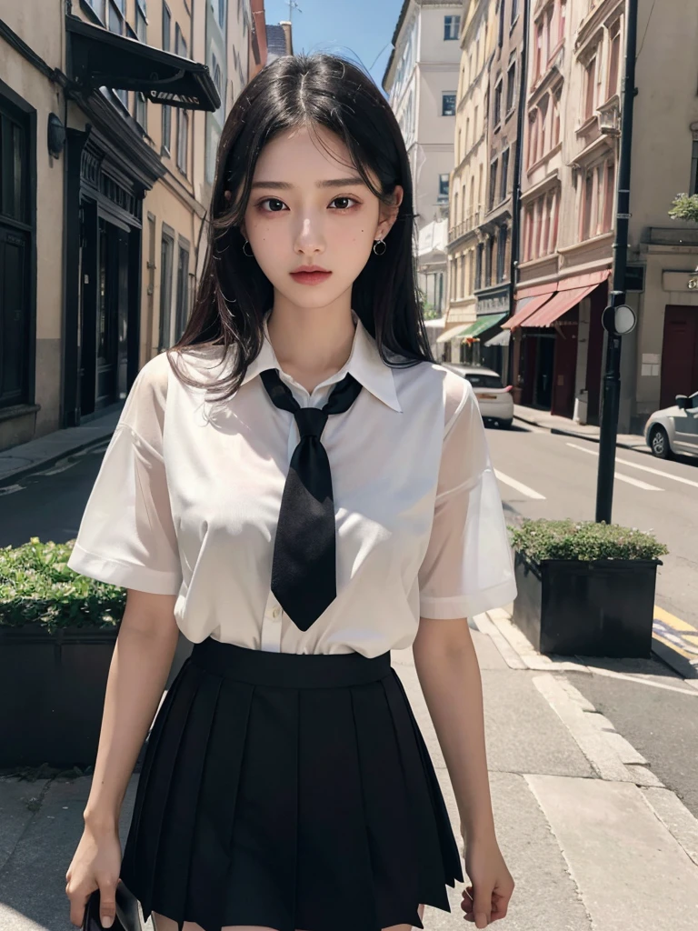 absurdres, RAW photo, extremely delicate and beautiful, masterpiece, Best Quality, ultra high resolution, 32k, hyperrealistic, ultra-detailed, in her 20s, delicate facial features, tearful mole, earring, medium breasts, full body shot, shorter middle hair, black hair, ((summer school_uniform)), shirt, skirt, tie,