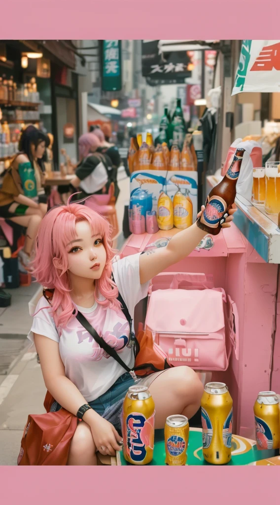 There was a woman sitting on a stool,The hair is pink, holding beer, anime girldrinks energy drink, soda themed girl, holding a beer, cute 女孩 with short pink hair, Ulzan, holding a beer!!, drinking beer