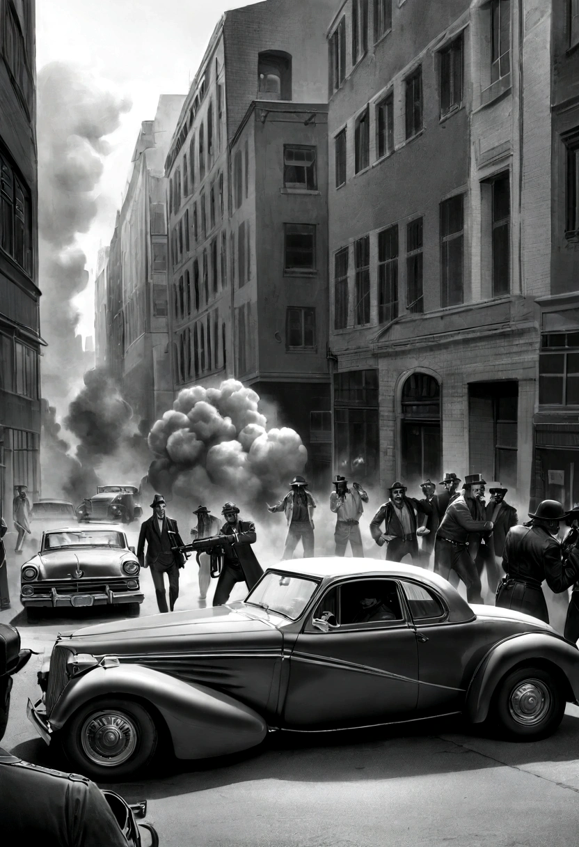 (realistic image, rich in details) war, civil war, in the middle of the city, large buildings, fight between gangs, gangsters from the 70s, machine guns, vintage cars, 70s, rival groups, exchange of shots, explosive scenery, explosion , smoke, monochromatic, gray scales, shades of gray.