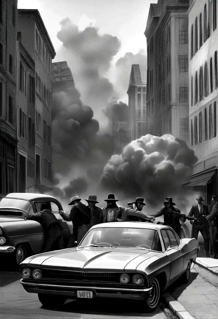 (realistic image, rich in details) war, civil war, in the middle of the city, large buildings, fight between gangs, gangsters from the 70s, machine guns, vintage cars, 70s, rival groups, exchange of shots, explosive scenery, explosion , smoke, monochromatic, gray scales, shades of gray.