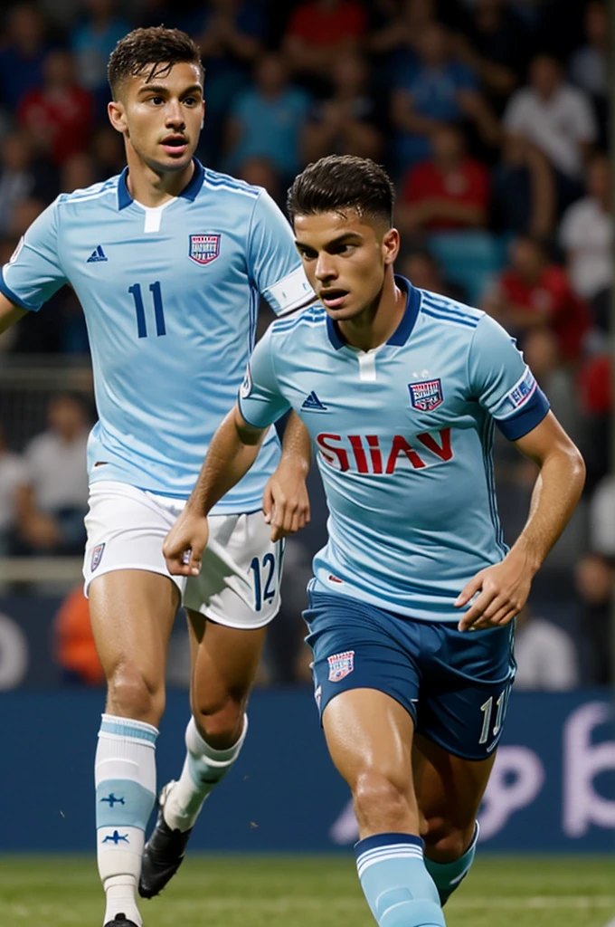 Soccer player with the name Plzen and number 01, The uniform must have a soft light blue shirt color, and dark blue shorts