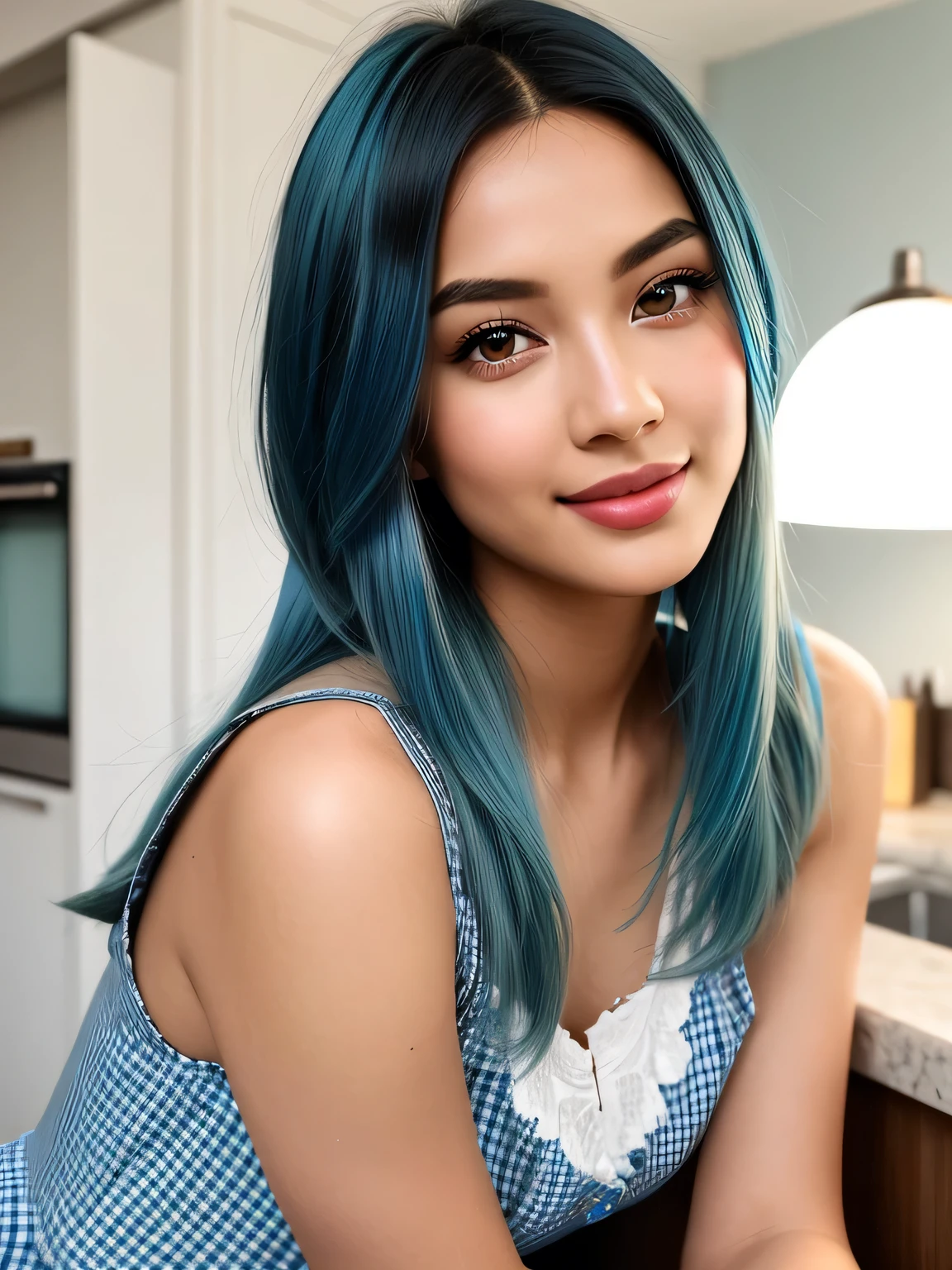 (blue hair:1.4), short hair, realistic green eyes, cobalt hair, long bob hair, tousled hair, shoulder length hair, Full body, woman with white skin and Asian features, 24 year old, big breast. She has a small, elegant nose with a slight upward curve at the tip. Her lips are full and naturally pink, with a well-defined Cupid's bow. Her teeth are straight and white, enhancing her captivating smile. Her face has an oval shape with high cheekbones that add to her model-like appearance. (crack), detailed (texture!, shine, color!!, flaws: 1.1), highly detailed glowing eyes, (looking at camera), specular light, dslr, extreme quality, crystal clear, cute face, detailed skin pores, oil Dark skin, brown, complex eye details, she is far from the camera, A full-body portrait, captured from a distance. Dynamic Frame, 8K, Best Quality, tradwife, gingham sundress, green and white checked dress, sundress, sexy woman, interior kitchen, soft lighting, traditional housewife, barefoot, 1950s values, waiting to make love to you, Virgin wife, sitting