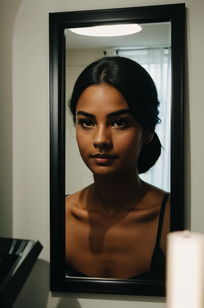 A blurred shadow seen in the mirror.