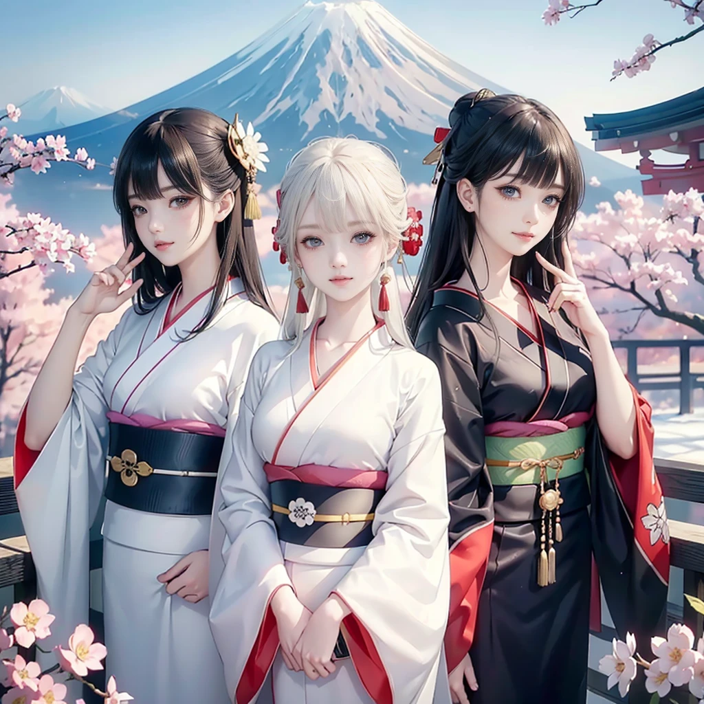 ((Biologically correct limb count))、((Natural finger shape))、(( Full-body photo including face))、4K、masterpiece、
((Focus on the face))、((Symmetrical facial features))、Eye for detailed depiction、Beautiful woman、Excellent style、
Photographed from the front、masterpiece、Highest quality、High resolution、High-quality images、8K、Skin Radiance、Texture of skin and clothing、
Expression of fine eyes、Shiny Hair,Long Hair Girl, Manga inspired by Lee Jong-suk,
Trending on deviantart, realism, detailed manga style, Manga art style,
Perfect Line Drawing, Beautiful line art, digital manga art girl, K-POPアイドル, dress, Beautiful brown eyes,
Fuller lips, Gorgeous face with attention to detail, (Cute Smile), attractive, Innocent,
(Perfectly detailed face), (Detailed and carefully drawn hand) Photorealistic images,
Written boundary depth, Japanese style princess cut hairstyle,
best quality, masterpiece, New Year, (Kimono with strikingly beautiful colors:1.7),
Three Japanese high-school cute girls, looking straight, gently smiling, white short scarf,
white feather shawl, (separately side by side:1.4),
(The image shows only the upper body:1.7), shrine background, (mount Fuji:1.3)
,winter(season),(outdoors:1.5)