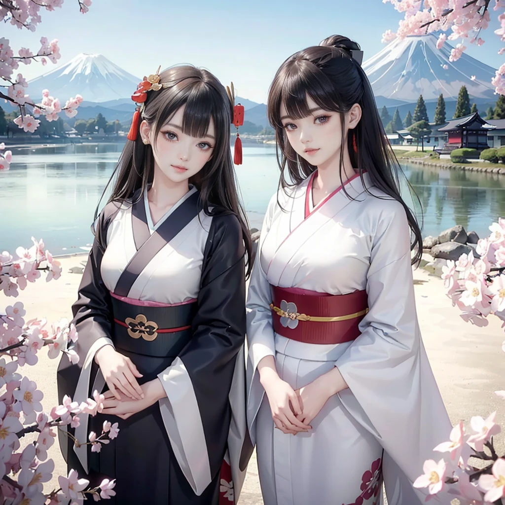 ((Biologically correct limb count))、((Natural finger shape))、(( Full-body photo including face))、4K、masterpiece、
((Focus on the face))、((Symmetrical facial features))、Eye for detailed depiction、Beautiful woman、Excellent style、
Photographed from the front、masterpiece、Highest quality、High resolution、High-quality images、8K、Skin Radiance、Texture of skin and clothing、
Expression of fine eyes、Shiny Hair,Long Hair Girl, Manga inspired by Lee Jong-suk,
Trending on deviantart, realism, detailed manga style, Manga art style,
Perfect Line Drawing, Beautiful line art, digital manga art girl, K-POPアイドル, dress, Beautiful brown eyes,
Fuller lips, Gorgeous face with attention to detail, (Cute Smile), attractive, Innocent,
(Perfectly detailed face), (Detailed and carefully drawn hand) Photorealistic images,
Written boundary depth, Japanese style princess cut hairstyle,
best quality, masterpiece, New Year, (Kimono with strikingly beautiful colors:1.7),
Three Japanese high-school cute girls, looking straight, gently smiling, white short scarf,
white feather shawl, (separately side by side:1.4),
(The image shows only the upper body:1.7), shrine background, (mount Fuji:1.3)
,winter(season),(outdoors:1.5)