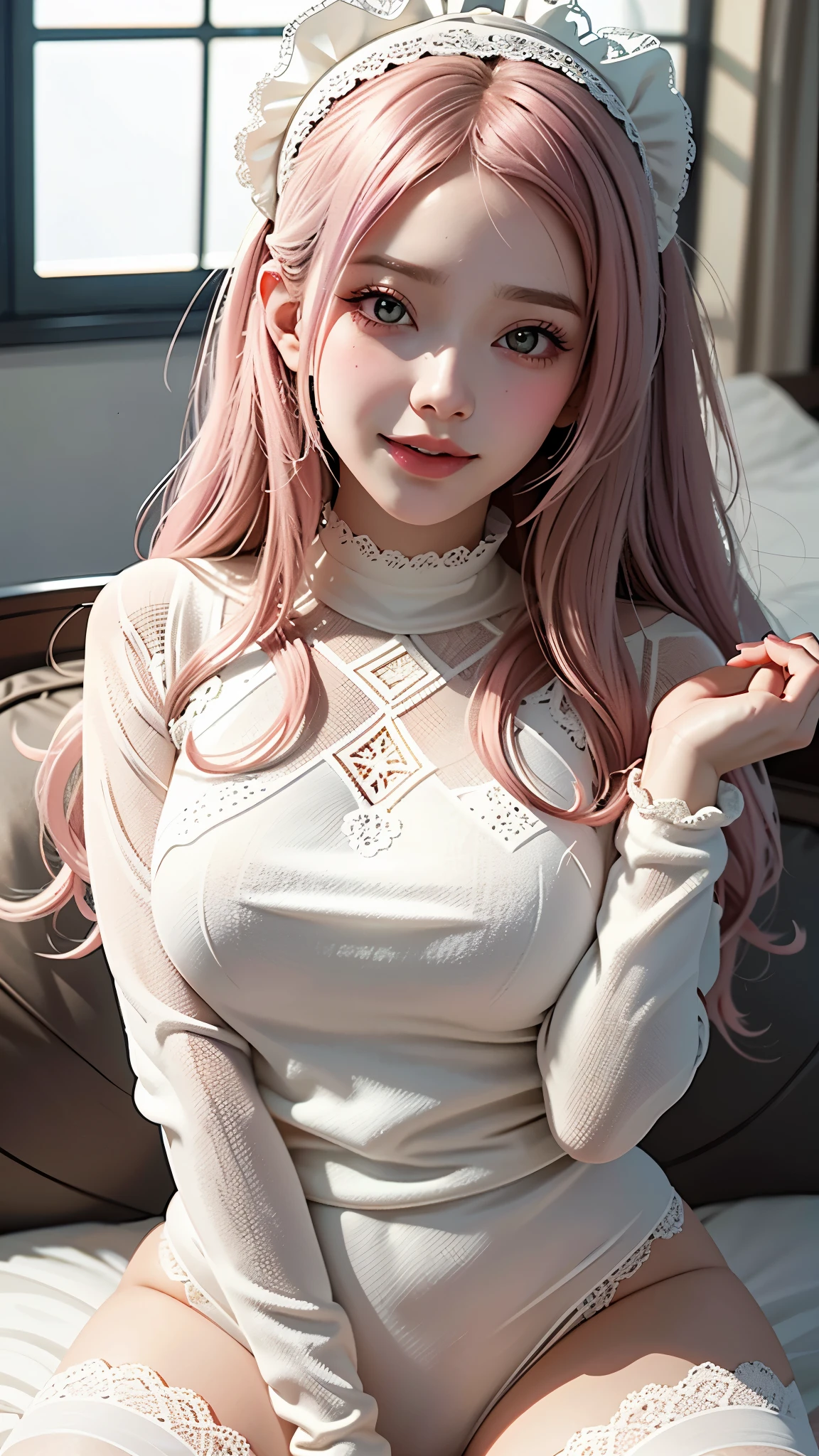 Belle delphine, depicted in an anime style with an aesthetic, showcases a sensual lady in a Lolita-inspired mood. She is moaning in pleasure and blushing with ahegao, expressing a shy, sexy smile. This masterpiece is presented in 16K, hyper-realistic, high resolution, and best quality, boasting a single figure in a nude from the waist up presentation. The aesthetic and alluring upper body highlight features her squatting position, showcasing her curves. She is adorned in a white lace sweater, adding a delicate touch, and white cotton panties with a kitty design, adding a playful charm. The cute and