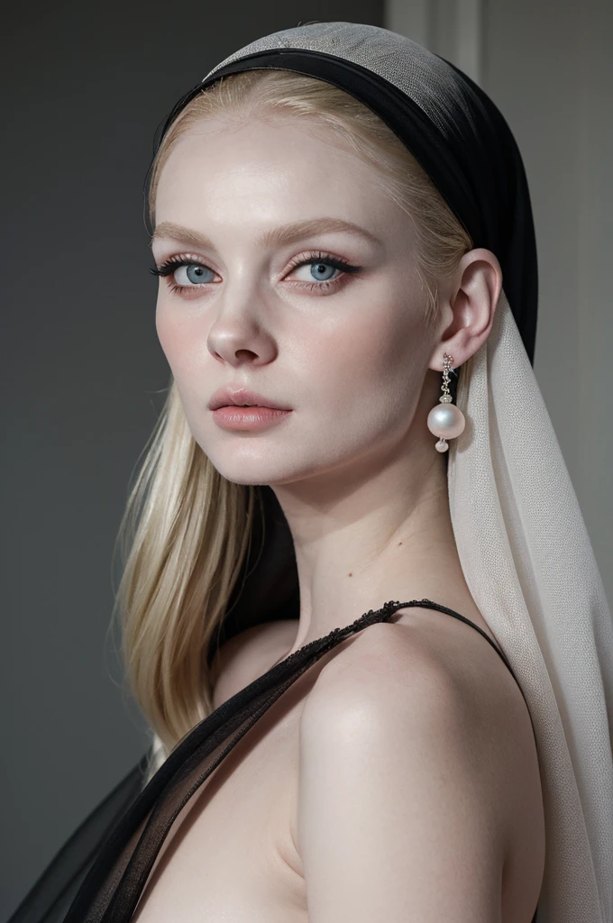 a blonde woman wearing black veil and pearl earrings , nun, poses for a picture, pearl earring, girl with pearl earring, girl with the pearl earring, girl with a pearl earring, girl with a pearl earringl, monia merlo, johannes vemeer, steven meisel, with pale skin, pale woman, inspired by Johannes Vermeer, with a white complexion