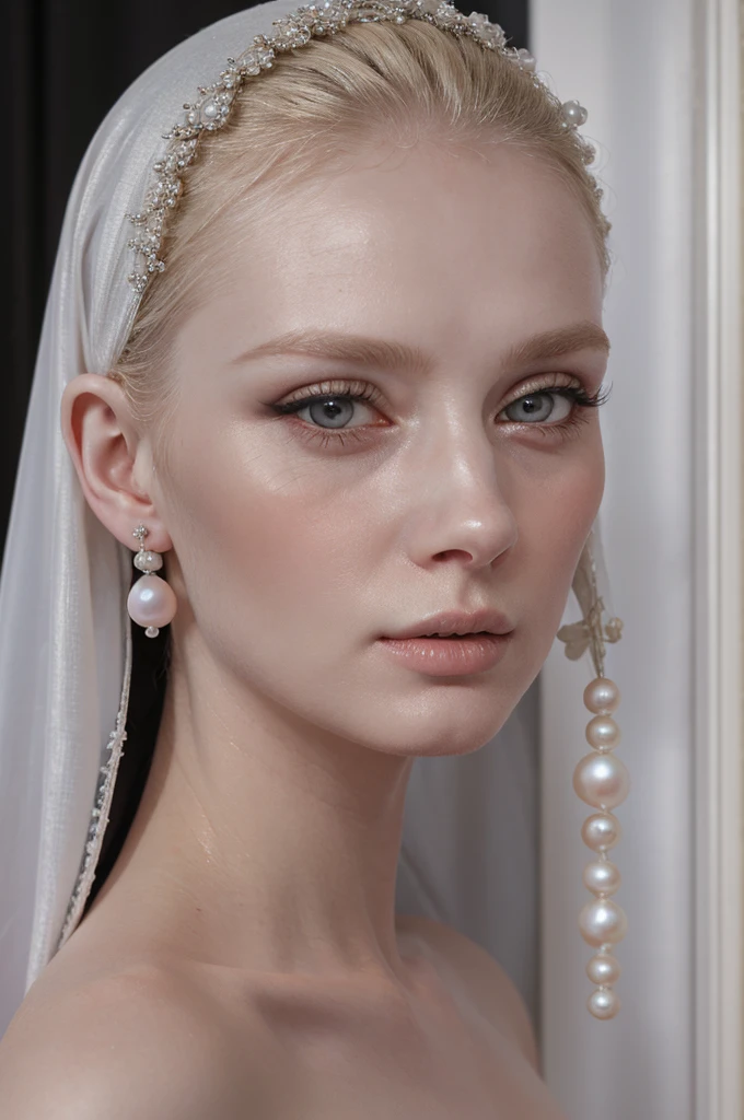 a blonde woman wearing black veil and pearl earrings , nun, poses for a picture, pearl earring, girl with pearl earring, girl with the pearl earring, girl with a pearl earring, girl with a pearl earringl, monia merlo, johannes vemeer, steven l, with pale skin, pale woman, inspired by Johannes Vermeer, with a white complexion