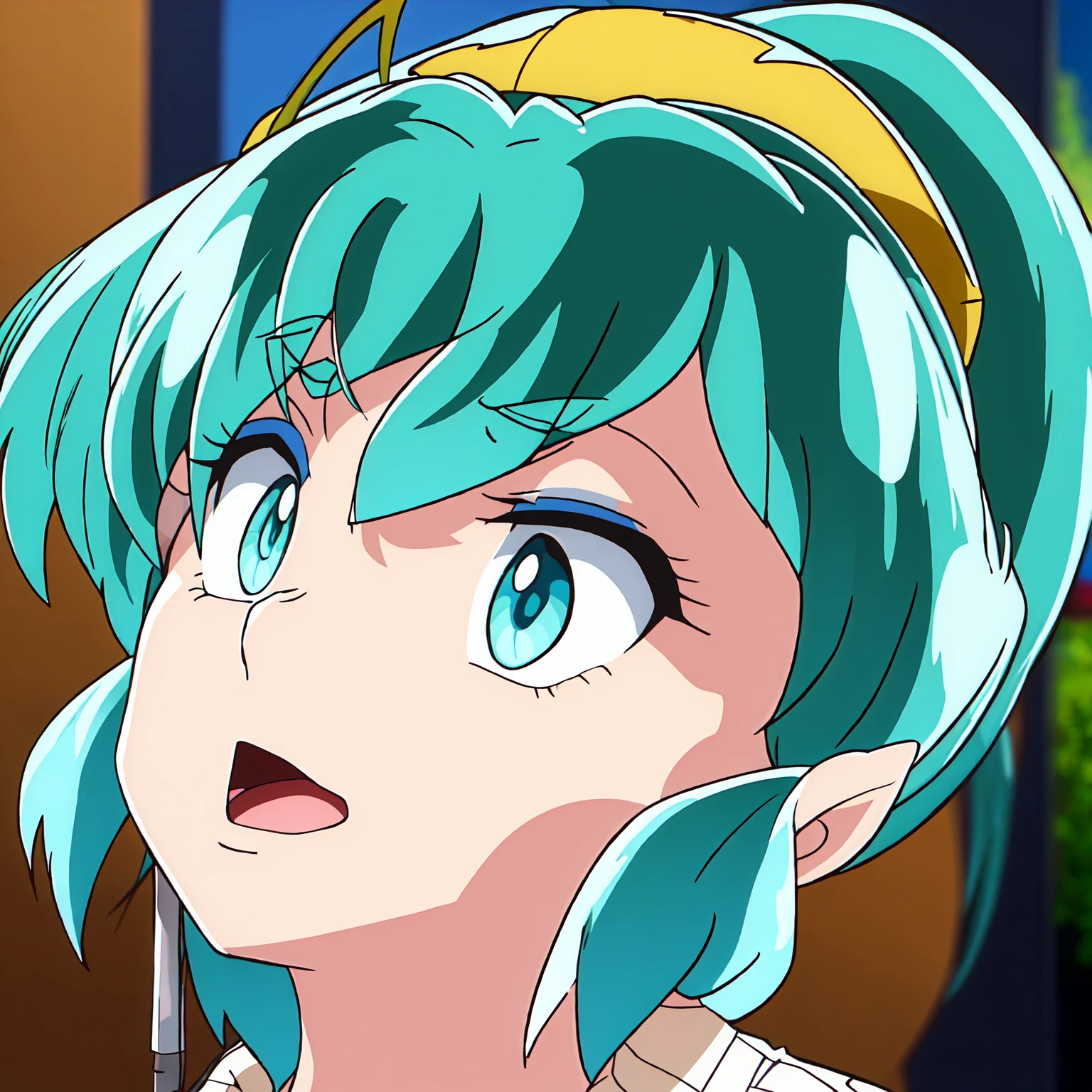 score_9, score_8_up, score_7_up, score_6_up, source_anime, 1girl, solo, lum, long hair, bangs, green hair, blue eyes, tiny horns, aqua hair, eyeshadow, a girl wearing a bee costume, antennae headband, black leotard, fishnet pantyhose, wrist cuffs, fake insect wings, standing in an apiary with beehives, whole mouth filled with honey, licking honey from fingers, looking directly at the viewer, (best quality, 4k, 8k, highres, masterpiece:1.2), ultra-detailed, HDR, UHD, ultra-fine painting, sharp focus, physically-based rendering, extreme detail description, professional, vivid colors, bokeh, medium breasts, blush, fang, perfect fingers, perfect hands, (horny), (flirtatious look),