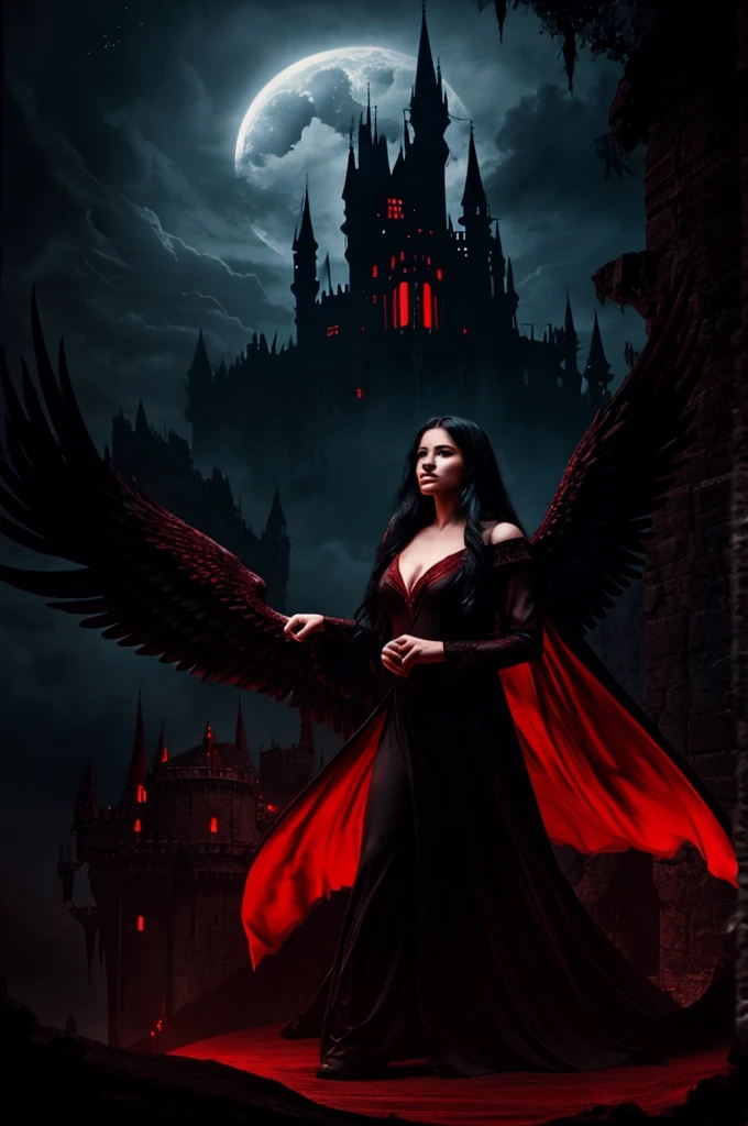 an angel woman, long flowing black hair, wearing a red gown, flying over a dark castle in Hell, fantasy lighting, bright atmosphere, fantasy,
