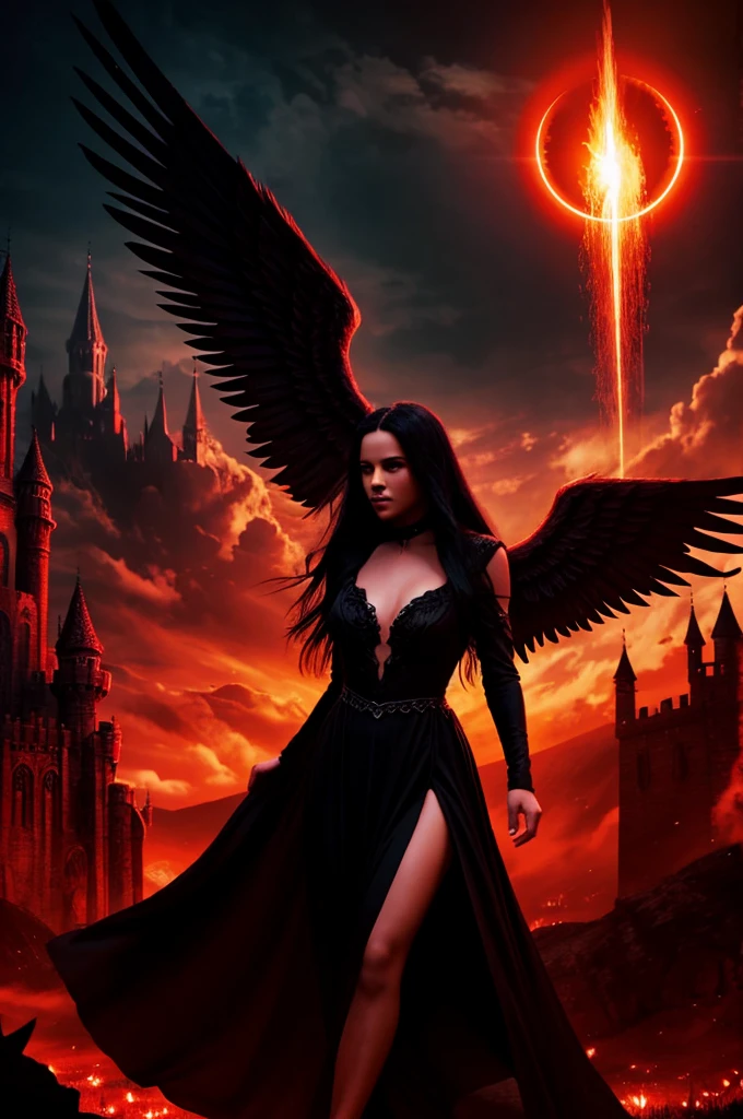 an angel woman, long flowing black hair, wearing a red gown, flying over a dark castle in Hell, fantasy lighting, bright atmosphere, fantasy,