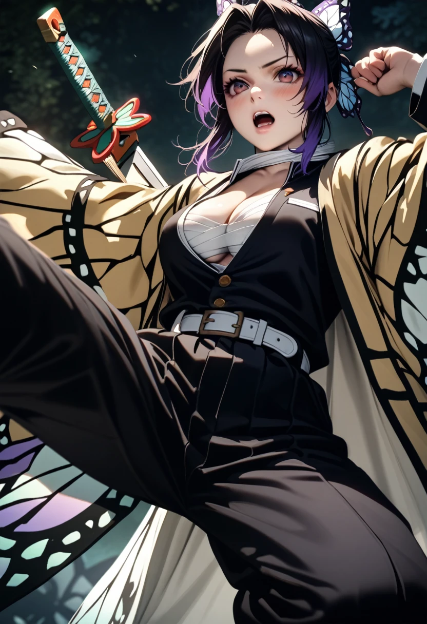 k0ch0ush1n0bu, shinobu kochou, black hair, ((flying many butterfly background:1.5)), butterfly hair ornament, butterfly print, forehead, gradient hair, hair ornament, haori, multicolored hair, parted bangs, purple hair, short hair, two-tone hair,belt, black pants, butterfly print, coat, demon slayer uniform, haori, japanese clothes, pants, uniform,,1  japanese muscular girl,perfect hands,perfect anatomy, masterpiece, best quality,realistic, hyperrealistic, 16k hdr,medium breasts,outdoor,night,japanese old garden,(angry:0.8),red blush,dynamic pose,dynamic angle,(jump,kick,in the air:1.3),(from below,:1.2),(holding japanese sword,butterfly shaped sword guard:1.2) ,(open jacket to neck,japanese sarashi,cleavage:1.2),navel