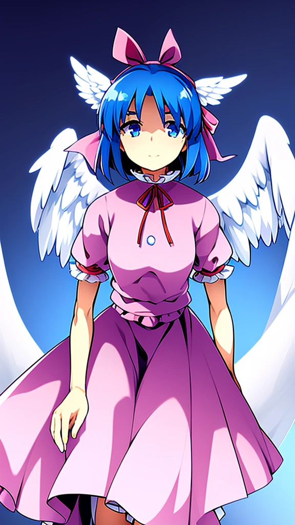 masterpiece, best quality, 1girl, , , 10 years old, medium blue hair, hair flaps, pink ribbon on head, well-formed face, blue eyes, angel girl, white blouse, puffy short sleeves, red ribbon, angel wings, long white skirt, red shoes, frills, ribbon head