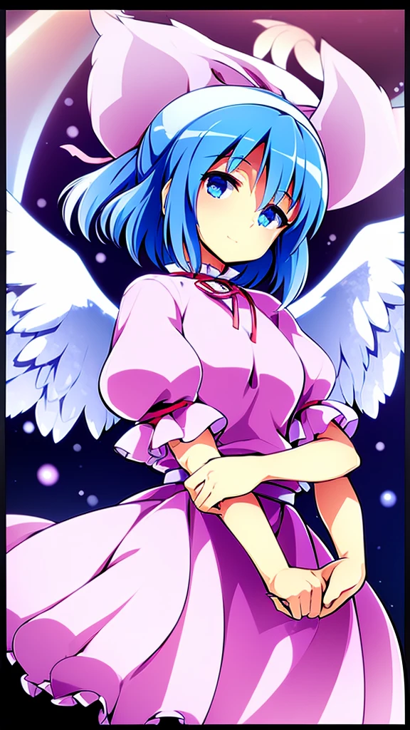 masterpiece, best quality, 1girl, , , 10 years old, medium blue hair, hair flaps, pink ribbon on head, well-formed face, blue eyes, angel girl, white blouse, puffy short sleeves, red ribbon, angel wings, long white skirt, red shoes, frills, ribbon head