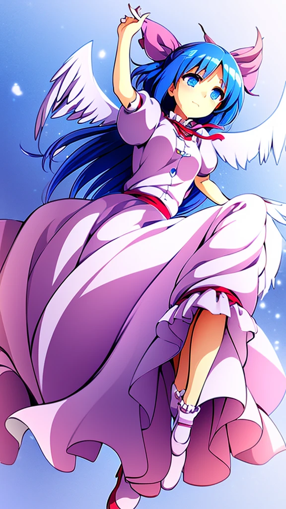 masterpiece, best quality, 1girl, , , 10 years old, medium blue hair, hair flaps, pink ribbon on head, well-formed face, blue eyes, angel girl, white blouse, puffy short sleeves, red ribbon, angel wings, long white skirt, red shoes, frills, ribbon head