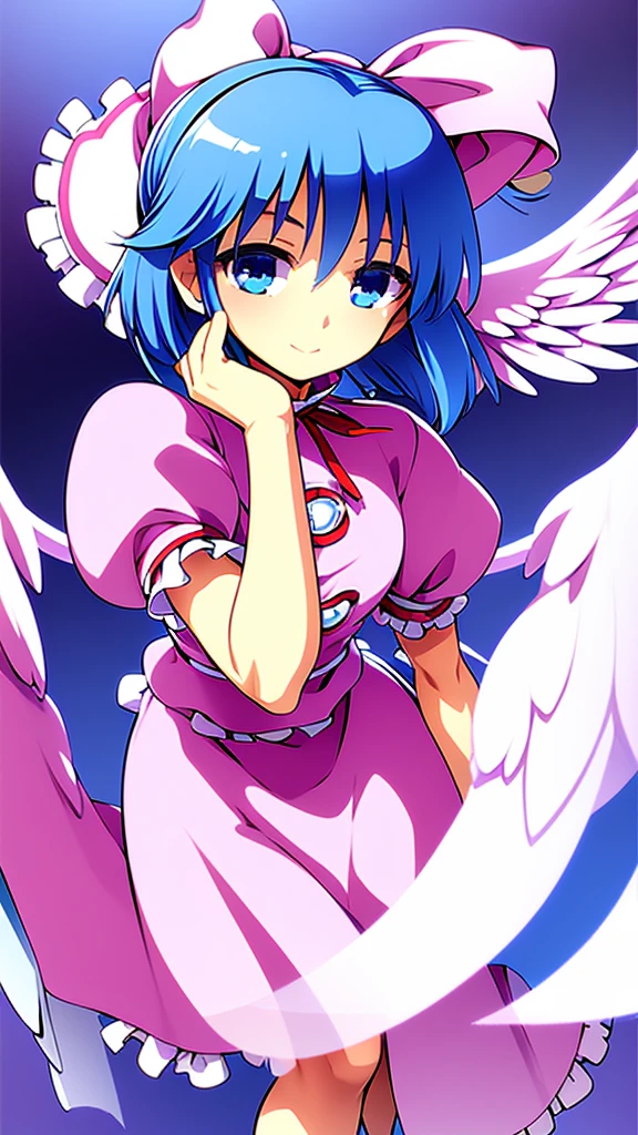 masterpiece, best quality, 1girl, , , 10 years old, medium blue hair, hair flaps, pink ribbon on head, well-formed face, blue eyes, angel girl, white blouse, puffy short sleeves, red ribbon, angel wings, long white skirt, red shoes, frills, ribbon head