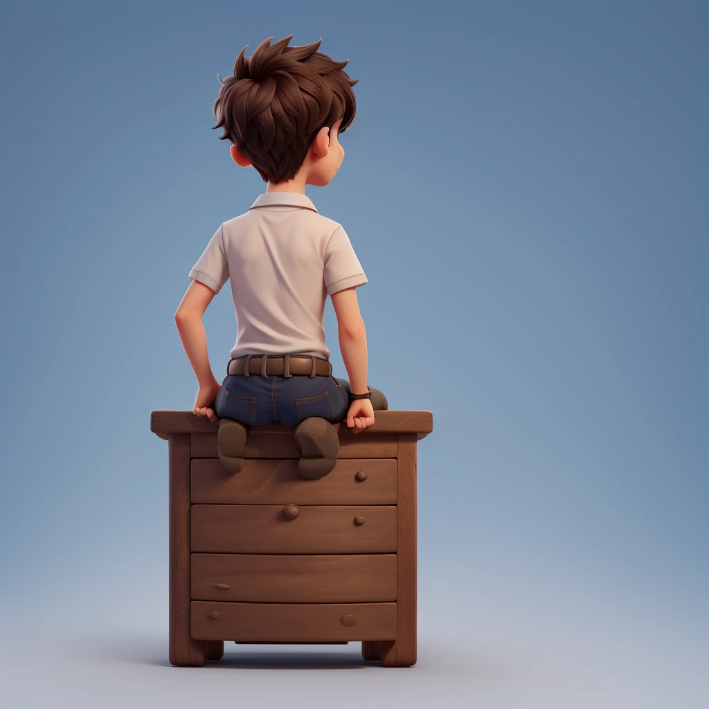 A boy sitting in a gradient background, seen from his back , his face cannot be seen