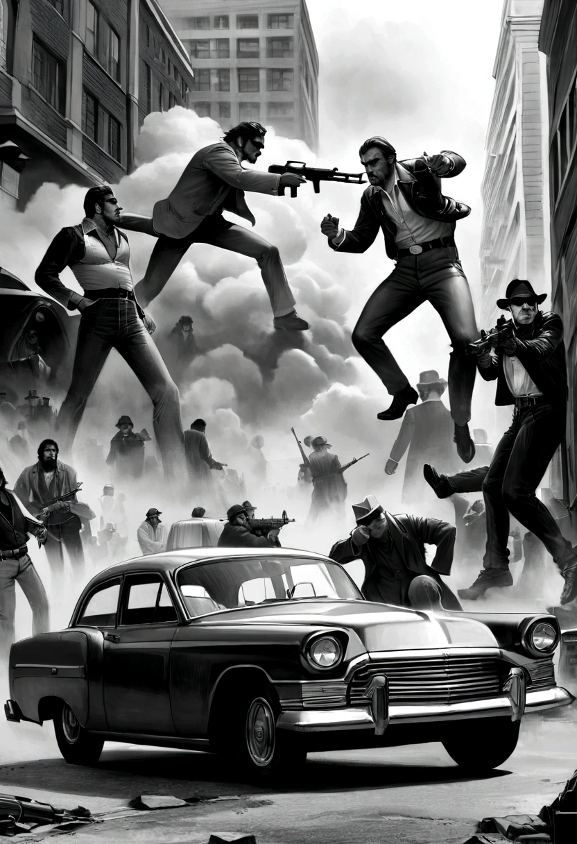 (realistic image, rich in details) war, civil war, in the middle of the city, large buildings, fight between gangs, gangsters from the 70s, machine guns, vintage cars, 70s, rival groups, exchange of shots, explosive scenery, explosion , smoke, monochromatic, gray scales, shades of gray.