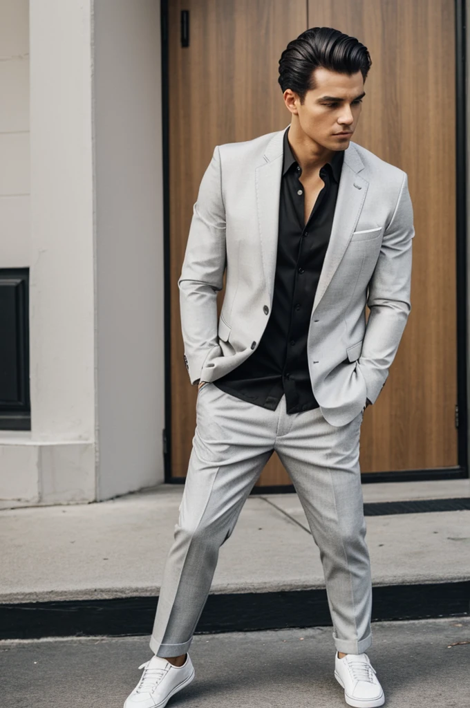 Generates a man with black old school vans shoes, an elegant black shirt for men and skin-colored cream pants but with a white tone and a light gray sport jacket