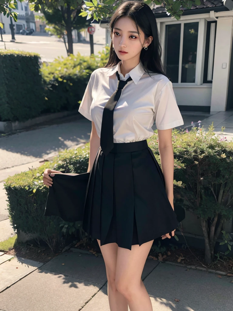 absurdres, RAW photo, extremely delicate and beautiful, masterpiece, Best Quality, ultra high resolution, 32k, hyperrealistic, ultra-detailed, in her 20s, delicate facial features, tearful mole, earring, medium breasts, full body shot, shorter middle hair, black hair, ((summer school_uniform)), shirt, skirt, tie,