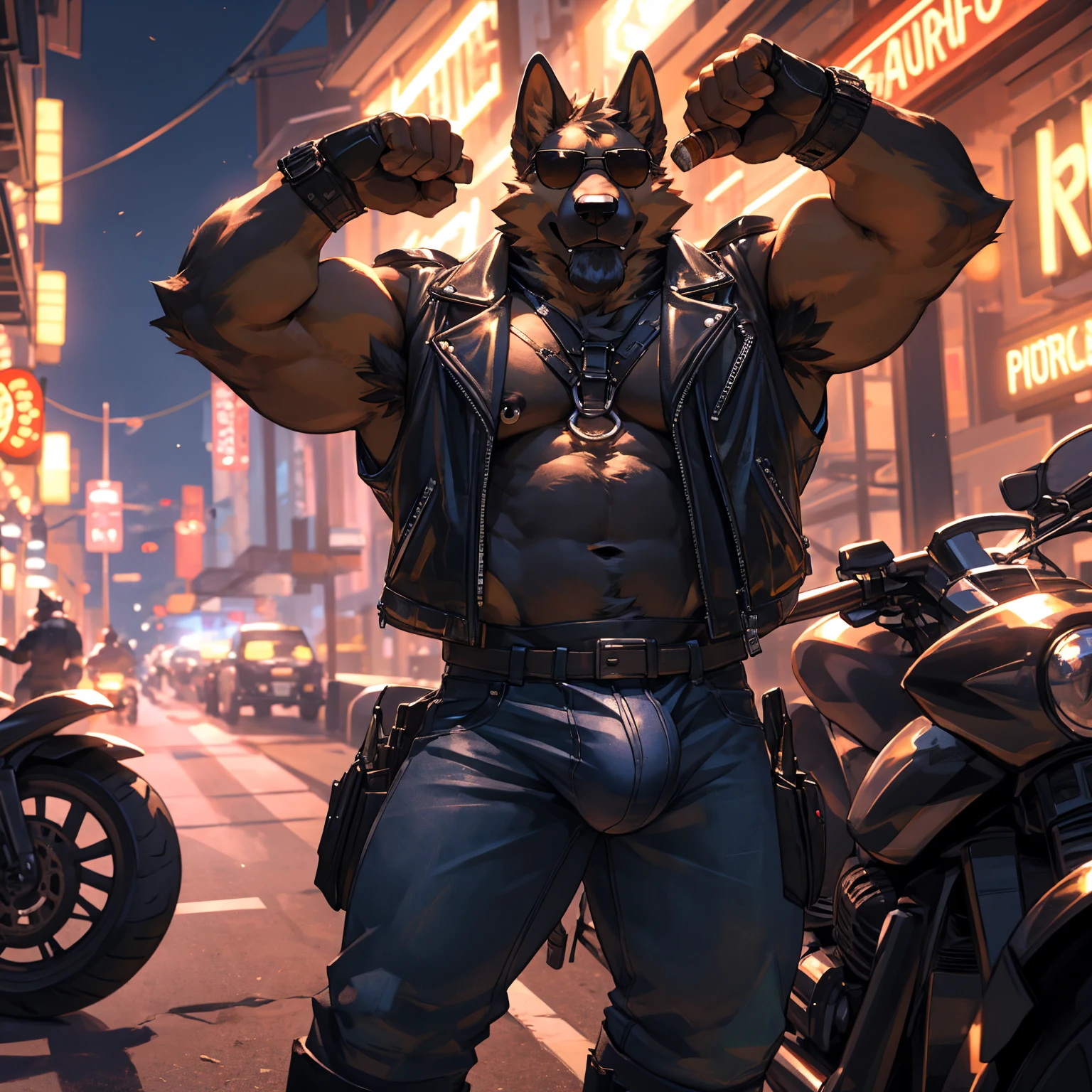 Solo, male, medium muscular, german shepherd, dog, biker, shirtless, leather vest, blue jeans, leather chest harness, gun holster, gun,leather fingerless gloves, fingerless gloves, workboots, boots, cigar, cigar in mouth, nipple piercing ((focus body, furry focus, shades focus, body shades)) nice body, standing, motorcycle, posing, one arm raised, flexing one arm, exposed right armpit, armpit hair, bulge, groping bulge, left hand on bulge, touching crotch, model, light, shades, 4k, high quality (((biker bar background, outside))), by darkgem, by mystikfox61