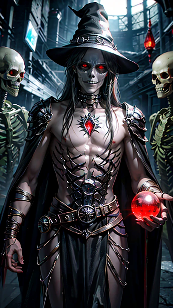 8k, extremely detailed, film lighting, a friendly and cute wizard skeleton, with red eyes, holding a crystal ball