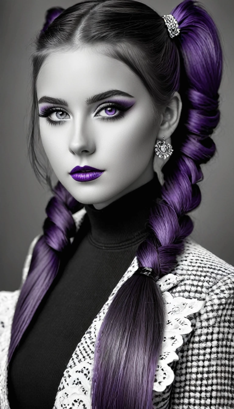 ((Monochrome, Photo noire et violet)), Sublime femme avec deux très longues queues de cheval de chaque côté, double queues de cheval, double twin ponytails, twin tails, Lèvres détaillées, Yeux détaillés, regard intense, cils détaillés, visage détaillé, long cheveux violet, visage de séduction, ((maquillage violet)), photo du milieu du corps, ((porte un costume)),(( Une cravate violette, photo noir et blanc et violet, only black and white and purple photo)), (((photo noir et blanc et violet, only black and white and purple photo, le maquillage et les cheveux, b/w, B&W,long twin ponytails)))