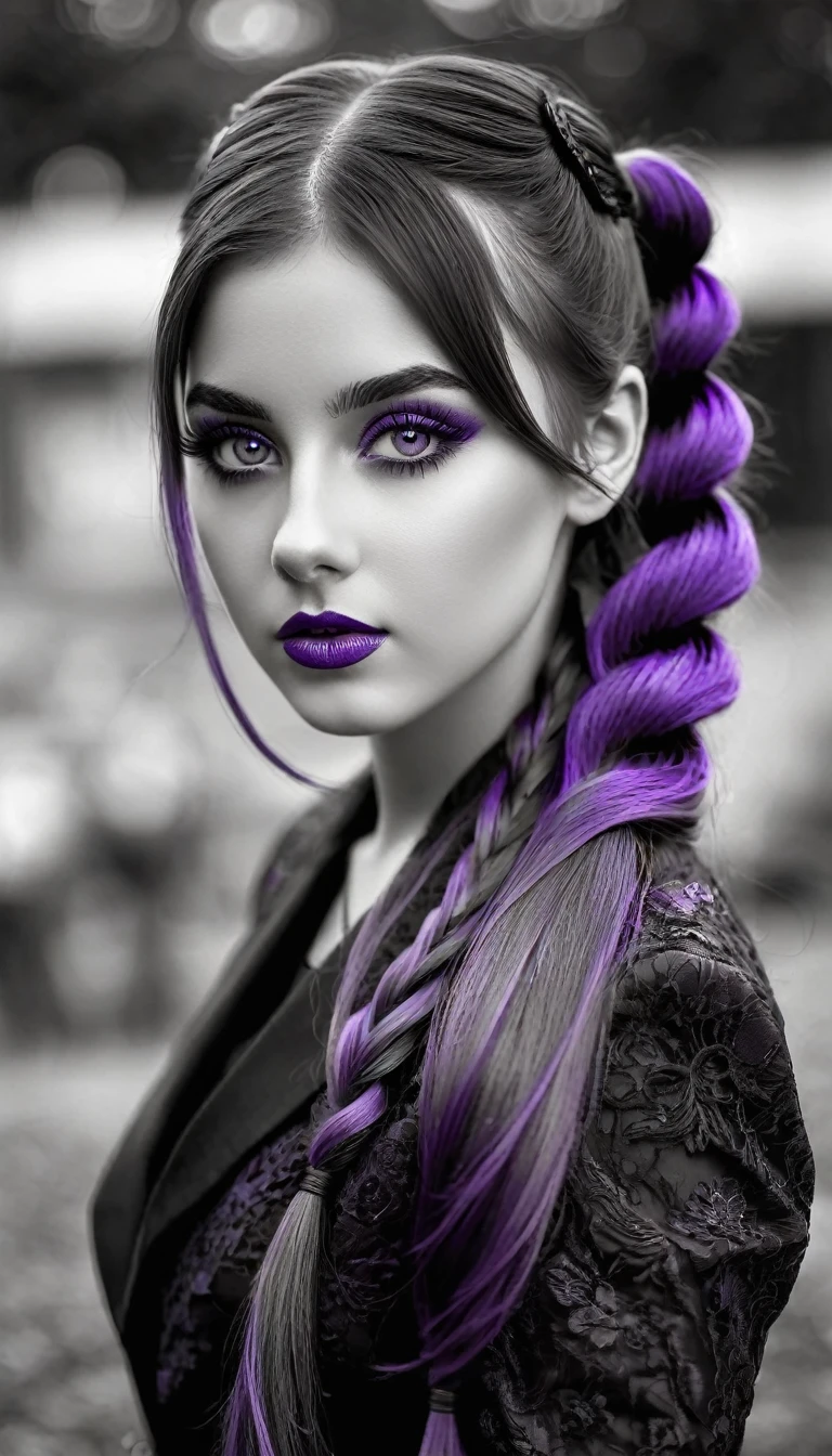 ((Monochrome, Photo noire et violet)), Sublime femme avec deux très longues queues de cheval de chaque côté, double queues de cheval, double twin ponytails, twin tails, Lèvres détaillées, Yeux détaillés, regard intense, cils détaillés, visage détaillé, long cheveux violet, visage de séduction, ((maquillage violet)), photo du milieu du corps, ((porte un costume)),(( Une cravate violette, photo noir et blanc et violet, only black and white and purple photo)), (((photo noir et blanc et violet, only black and white and purple photo, le maquillage et les cheveux, b/w, B&W,long twin ponytails)))