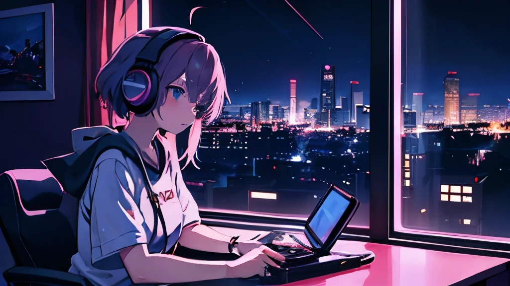 Anime girl sitting at a desk with headphones and a game, digital anime illustration, outside the window is a late night cityscape, coffee, lots of game consoles, Nintendo, night view, downtown cyberpunk, lo-fi art style, anime style 4k, lo-fi girl, anime atmosphere, anime background art, anime style illustration, lo-fi portrait, modern anime style, summer night, digital illustration, lo-fi illustration style, lo-fi art