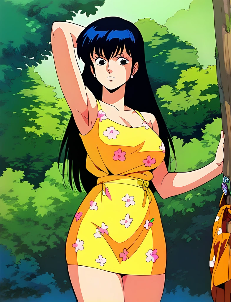 Kyoko,score_9,score_8_superior,score_7_superior,sauce_anime,One girl,alone,View your viewers,Spread your legs,Removed panties,in the forest,downpour,soaked,YELLOW One Piece,ORANGE Checkered dress,length_skirt,YELLOW skirt,cowboy_shot,Front view,Are standing,Sad face,:d,arms_behind_return,