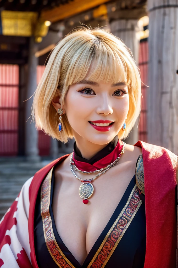 (Hyper Realistic), Ancient Shrine Maiden, Female Shaman, Huge Beauty, Peace of Mind, High Resolution, Real Short Hair, Blonde, Blonde Woman, Detailed Skin Texture, Ultra High Resolution, Realistic, Plump Figure, Smile, Middle-aged beauty, beautiful expression, detailed red-black areola, small purple airy long blonde hair, divine spirit, very delicate and detailed skin texture, 35 female shamans, (ancient gorgeous, luxurious temple), ancient priestess, big cleavage, plunging neckline, big red lips, (luxurious black costume and luxurious accessories), I have a gorgeous platinum cane