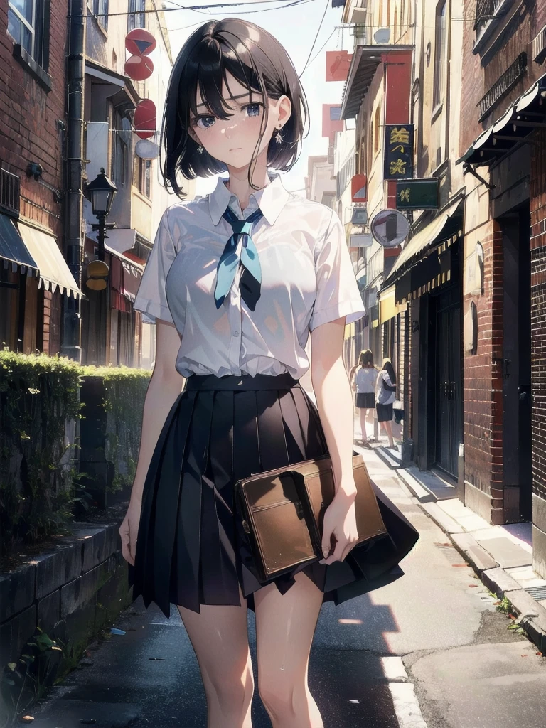 absurdres, RAW photo, extremely delicate and beautiful, masterpiece, Best Quality, ultra high resolution, 32k, hyperrealistic, ultra-detailed, in her 20s, delicate facial features, tearful mole, earring, medium breasts, full body shot, shorter middle hair, black hair, ((summer school_uniform)), shirt, skirt, tie,