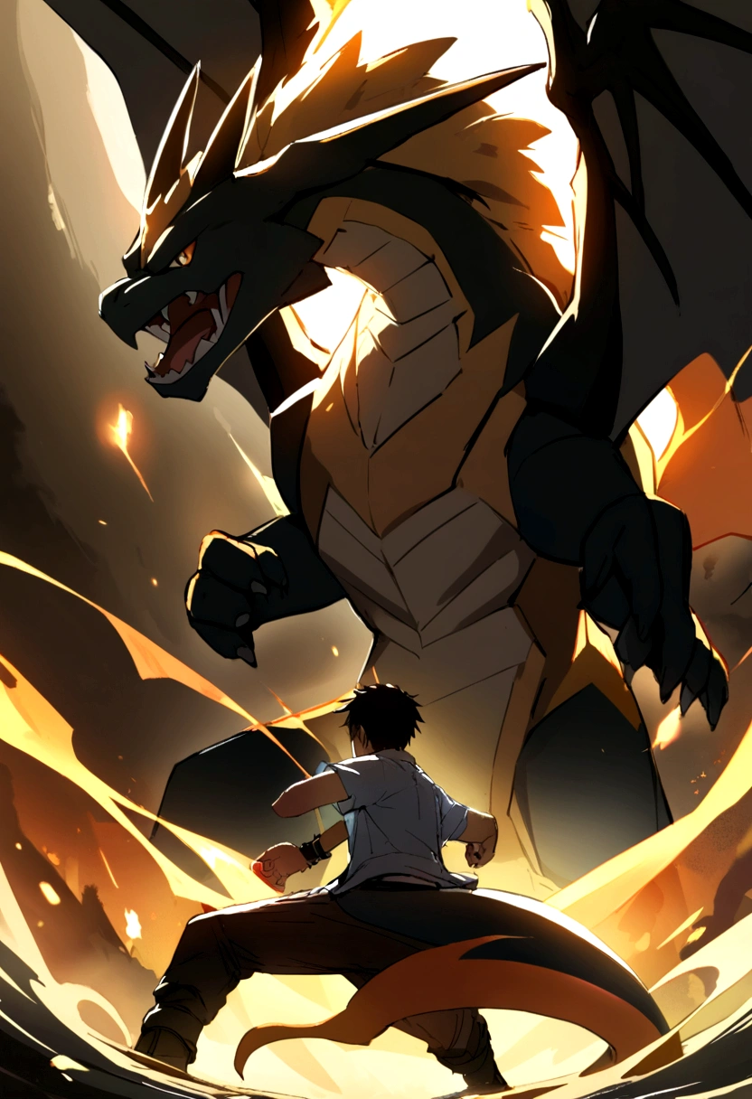 A boy playing with Charizard, Charizard is Brave and cool,