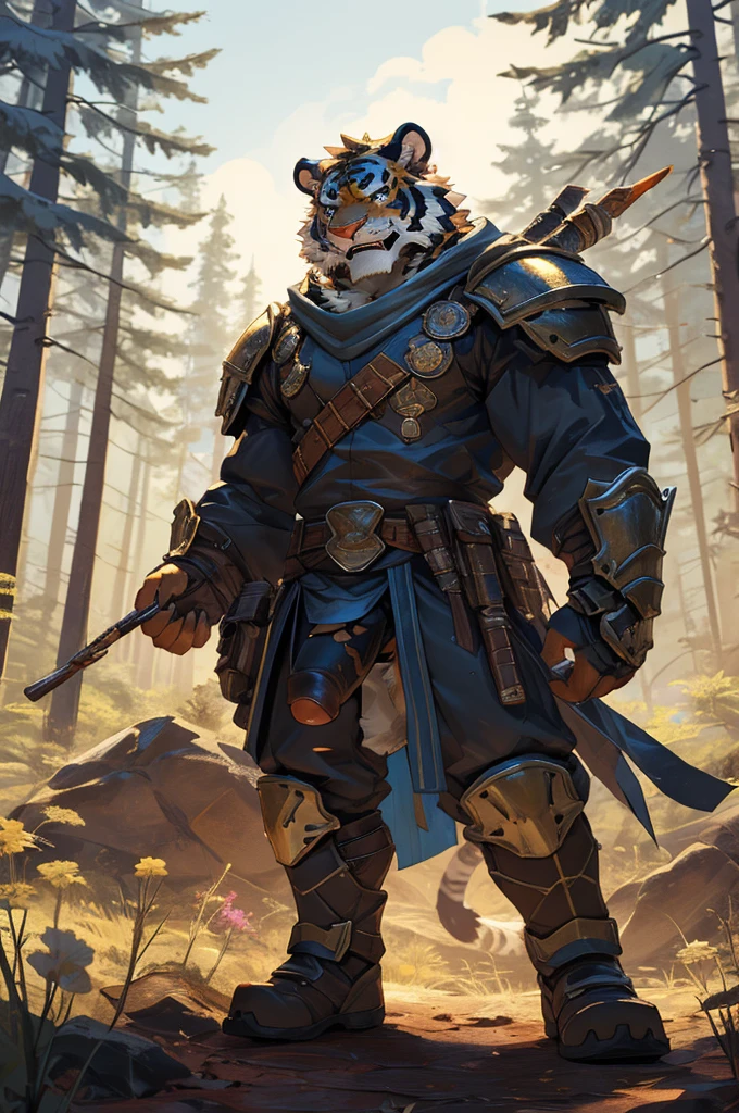 Tiger,Young Adults,Strong,handsome,warrior,Sexy body,Golden fur,Huge penis,Bare chest and abdomen,Bare legs,Very cool to wear,Revealing clothing,毛茸茸的Tiger爪,Extremely revealing clothing(Scapula,Armor knee pads,Red torn shawl,No pants),expression(vigilante,Gnashing of teeth),action(Standing,vigilante),Alone,angry,Challenge the camera character to a duel,environment(Clearing in open forest,There are sparse low weeds around,There are pine trees in the distance),good-looking,masterpiece,Very detailed,best quality.