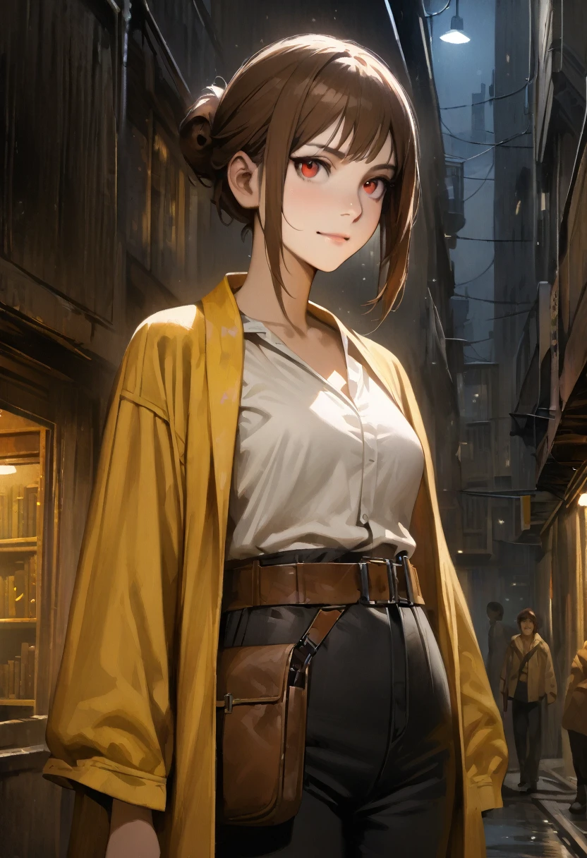 (adult), (woman) ((tall)), ((Elana From Library of ruina)), masterpiece, best quality, dark aura, brown hair, ((updo hair)), messy spiked hair , red eyes, plain white shirt, Yellow coat, black pants, ((leather waist pack)), (faint smile), realistic anime style, oil painting, slums background, night.