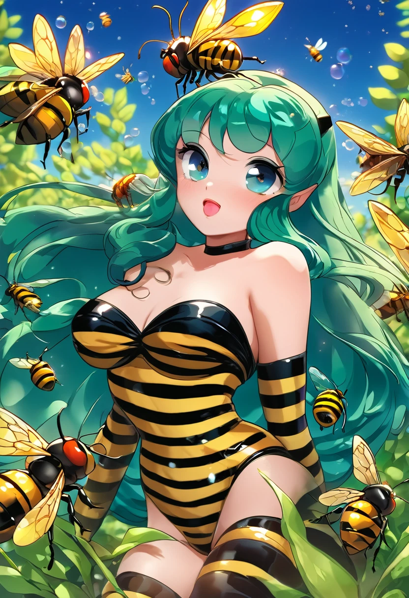 score_9, score_8_up, score_7_up, score_6_up, source_anime, 1girl, solo, lum, long hair, bangs, green hair, blue eyes, tiny horns, aqua hair, eyeshadow, a girl wearing a bee costume, antennae headband, black leotard, fishnet pantyhose, wrist cuffs, fake insect wings, standing in an apiary with beehives, whole mouth filled with honey, licking honey from fingers, looking directly at the viewer, (best quality, 4k, 8k, highres, masterpiece:1.2), ultra-detailed, HDR, UHD, ultra-fine painting, sharp focus, physically-based rendering, extreme detail description, professional, vivid colors, bokeh, medium breasts, blush, fang, perfect fingers, perfect hands, (horny), (flirtatious look),