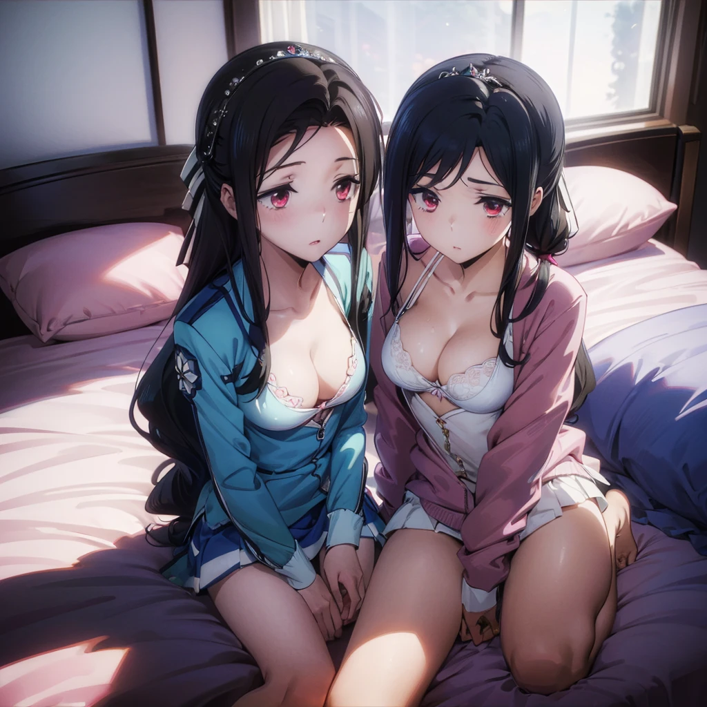 (masterpiece,best quality,extremely detailed:1.4),perfect anatomy,1girl,,(blue twintails,bangs,blue droopy eyes),tiara,cute face,(pink magical girl costume),(tiny,cleavage),
BREAK spread legs,(sit on bed,one knees up,white bra,white panties),