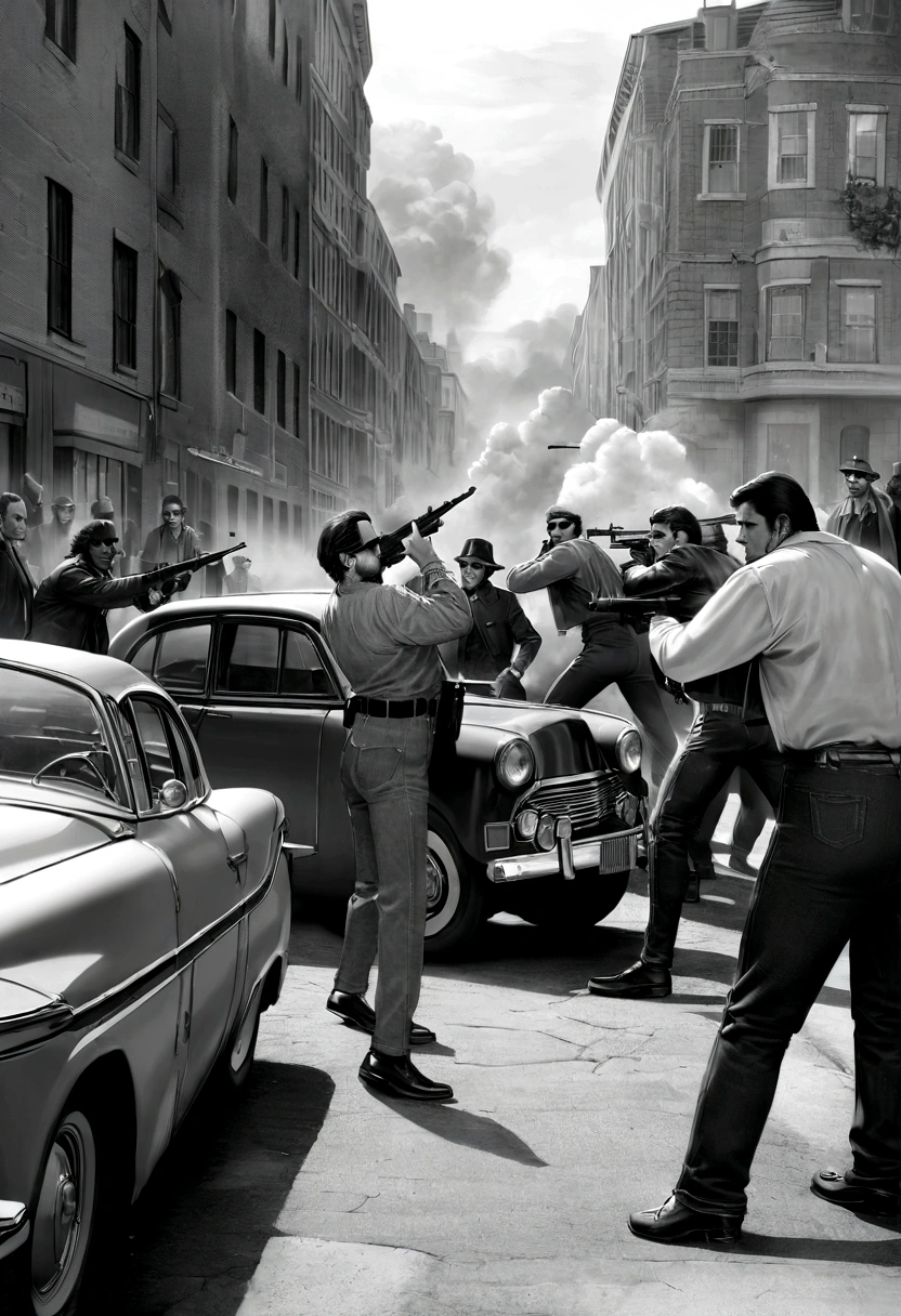 (realistic image, rich in details) war, civil war, in the middle of the city, large buildings, fight between gangs, gangsters from the 70s, machine guns, vintage cars, 70s, rival groups, exchange of shots, explosive scenery, explosion , smoke, monochromatic, gray scales, shades of gray.