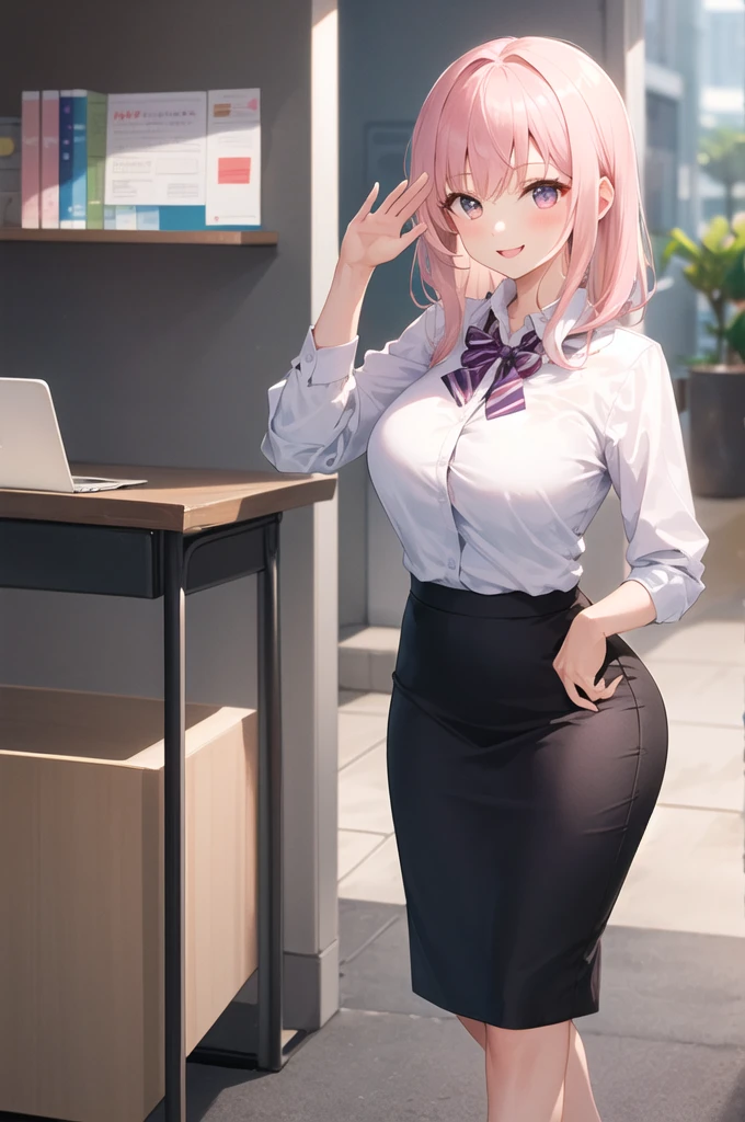 ((masterpiece,need)),(1 Girl),(()),Light pink hair,Large areola,((office Lady)),By Bangs,Put your hands behind you,Stepmother skirt,Good anatomy,Mid-chest,(plum bossom),Slim,Smile,[Wide hips],office,permanent, clear \(Blue Files\),