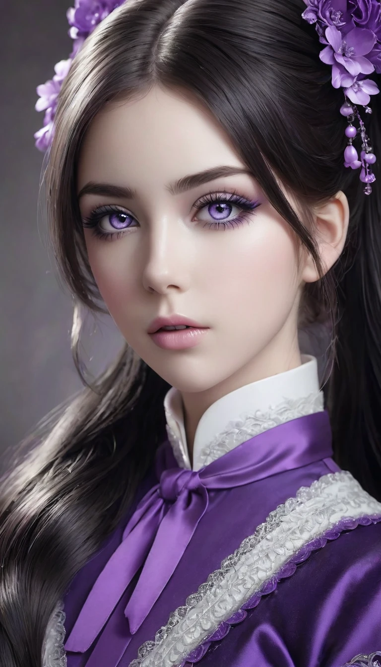 ((Photo noire et violet)), Sublime femme avec deux très longues queues de cheval de chaque côté, double queues de cheval, double twin ponytails, twin tails, Lèvres détaillées, Yeux détaillés, regard intense, cils détaillés, visage détaillé, long cheveux violet, visage de séduction, ((maquillage violet)), photo du milieu du corps, ((porte un costume)),(( Une cravate violette, photo noir et blanc et violet, only black and white and purple photo)), (((photo noir et blanc et violet, only black and white and purple photo, le maquillage et les cheveux, b/w, B&W,long twin ponytails)))