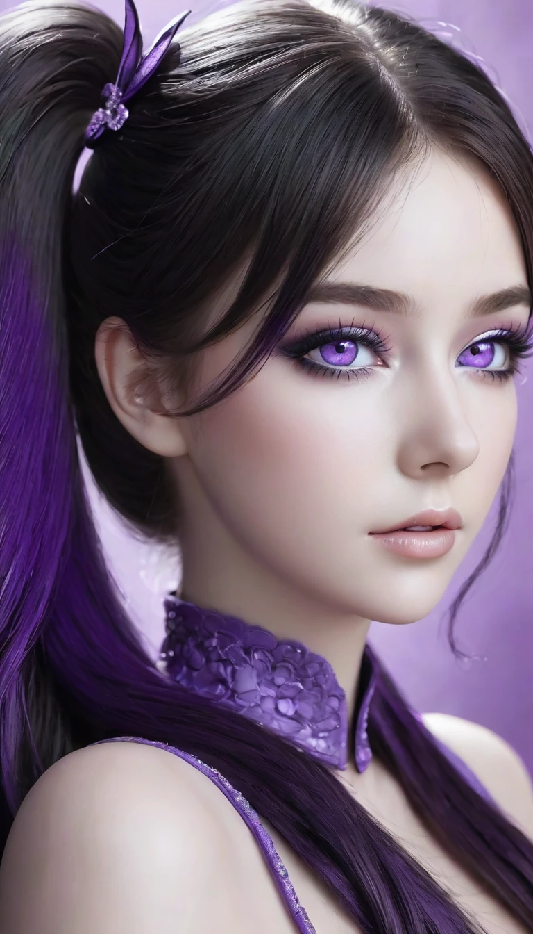 ((Photo noire et violet)), Sublime femme avec deux très longues queues de cheval de chaque côté, double queues de cheval, double twin ponytails, twin tails, Lèvres détaillées, Yeux détaillés, regard intense, cils détaillés, visage détaillé, long cheveux violet, visage de séduction, ((maquillage violet)), photo du milieu du corps, ((porte un costume)),(( Une cravate violette, photo noir et blanc et violet, only black and white and purple photo)), (((photo noir et blanc et violet, only black and white and purple photo, le maquillage et les cheveux, b/w, B&W,long twin ponytails)))