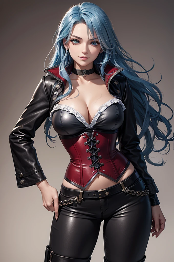 19 year old girl wavy blue hair gray eyes cheerful face detailed body pirate corsair shirt crimson corset black leather pants