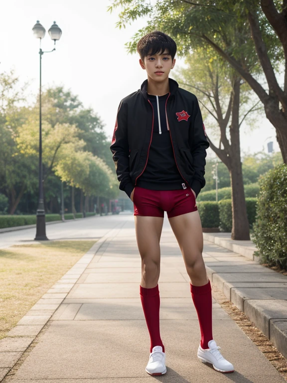  teenagers ,  young , light-skin , wearing an dark red sexy underwear, tmasterpiece，k hd，the feet，Transparent sports vest，semi transparent，black long socks，The barefoot , red colour , handsome and cute , extreme cute boy , white skin , dark red underwear boxers shorts , extremely tall and cute boy ,oppa model , handsome model , full body , dark red boxers underwears short shorts , black socks , white light-skin , Chinese model , young boy , white skin , handsome and extremely cute , red boxers underwear shorts , long black socks , handsome model , at the park , jogging , model oppa , long legs , jogging , running , high knee black socks ,black  long socks , stand up , extremely tall , extremely high , red underwears , red sports underwear , long black socks , clean and white legs , Chinese model , extremely long legs , looking at the camera , clean and white thigh , heavy bulge , kid face , baby face , wearing jacket , red underwears boxers , light and white skin , Chinese model，high school boy , chinese handsome face , korean handsome face