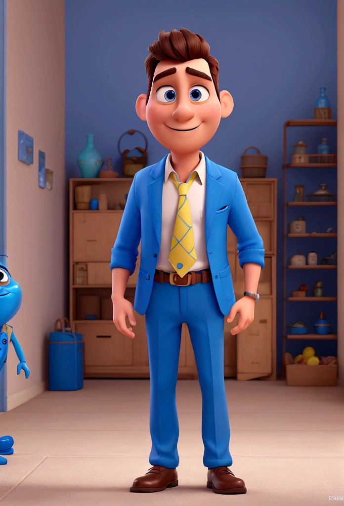 A salesman, blue outfit, fully body, disney pixar style, high qualiy, best qualityer